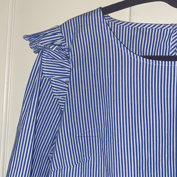 NWT Jcrew Factory banker blue stripe ruffle cotton-blend blouse ft.darts, size M - Picture 8 of 14
